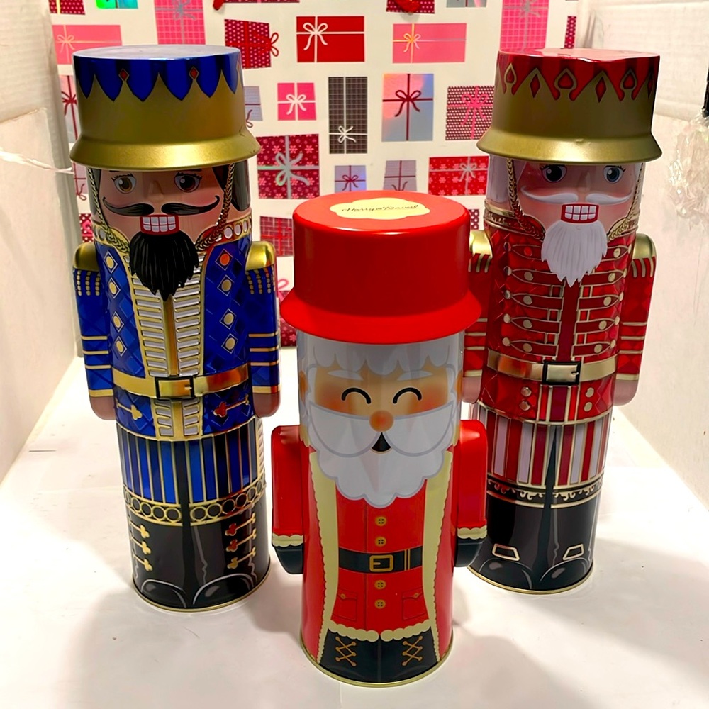 THREE Decorative Nut Cracker Red and Gold Tin Santa Claus Holiday Decor